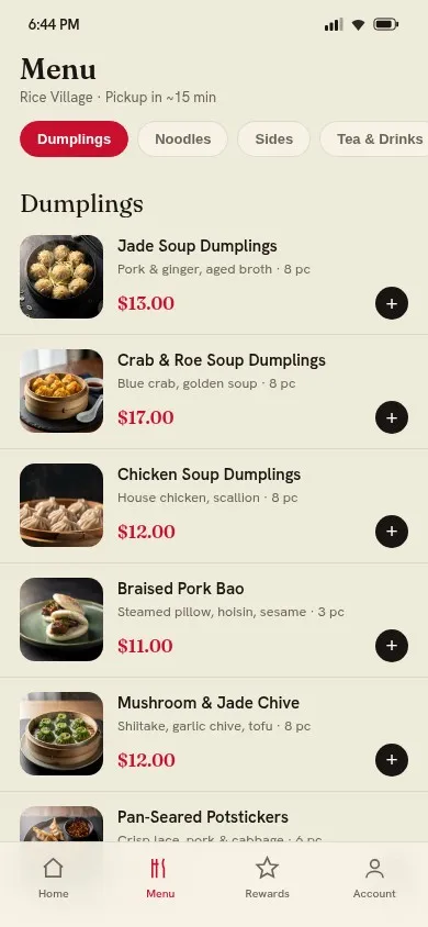 Jade House app menu